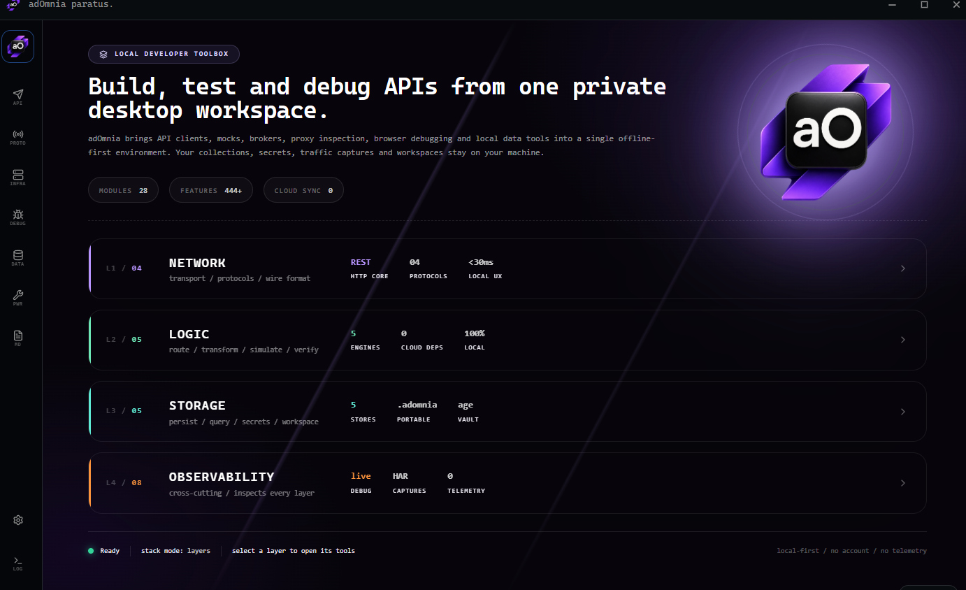 adOmnia desktop interface — local developer toolbox with modular layers for network, logic, storage, and observability