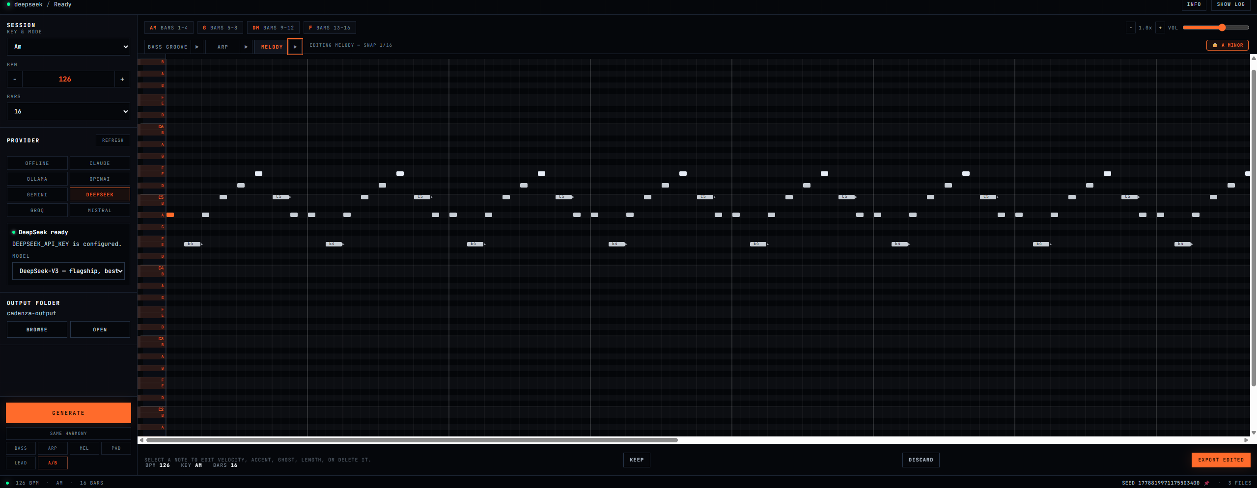 cadenza interface — piano-roll editor for the generated melody in A minor at 126 BPM